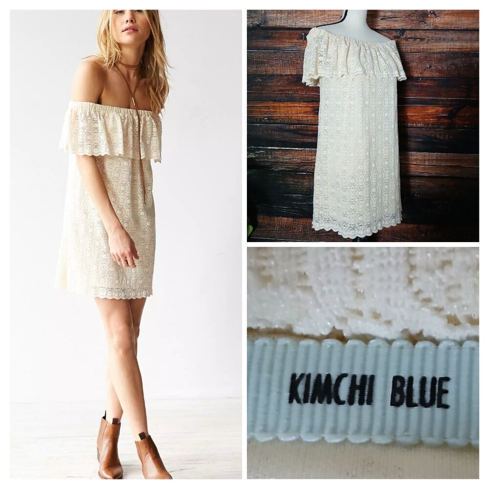 Kimchi Blue Mini Dress S Lace Ruffle Off The Shoulder Shift Cream Made in US